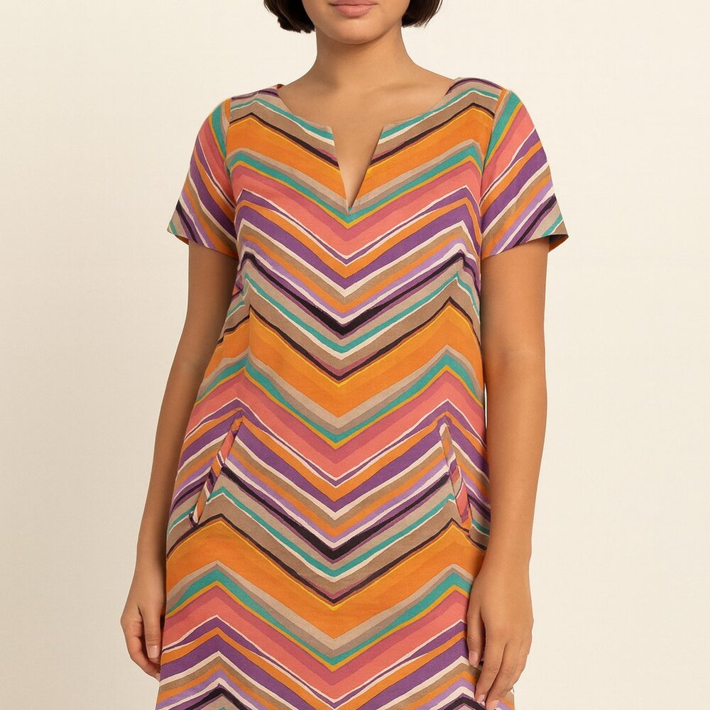 TRINA TURK "Aviva" Chevron Short Sleeve V-Neck Woven Shift Dress Pink/Orange 12